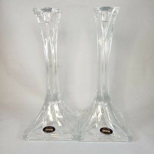 Pair (2) 24 % Lead Crystal Glass Swirl Candle Stick Holder 10" tall Made In USA